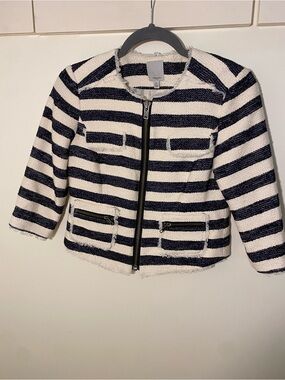 Striped Navy and White Bouclé Zip Jacket